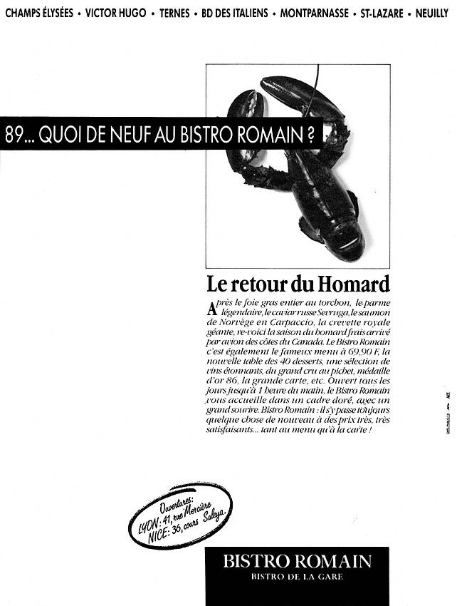 Publicité Bistro Romain 1989